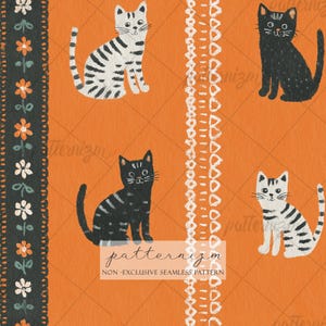 May include: Seamless pattern featuring four stylized cats in black and white, set against an orange background. The design includes a decorative border with flowers and a white lace-like pattern. The text "patternizm" is visible.