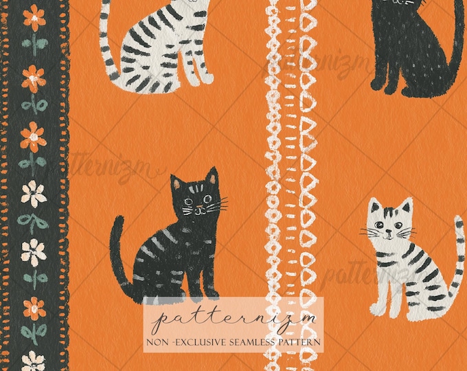 Seamless Folk Cat Pattern Digital Download – Whimsical Black & White Kittens, Rustic Floral Border Design, Scandinavian Style Printable