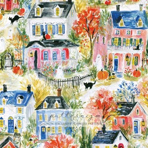 Seamless Halloween Town Pattern Digital Download – Autumn Ghost Black Cat Design, Spooky Fall Village Print, Whimsical Fabric Kids Crafts