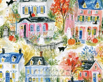 Seamless Halloween Town Pattern Digital Download – Autumn Ghost Black Cat Design, Spooky Fall Village Print, Whimsical Fabric Kids Crafts