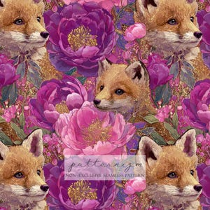 Fox and Floral Seamless Pattern – Repeat Realistic Fox Face with Peony Flowers for Fabric, Wallpaper, and Nursery Decor
