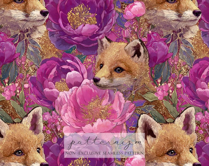 Fox and Floral Seamless Pattern – Repeat Realistic Fox Face with Peony Flowers for Fabric, Wallpaper, and Nursery Decor