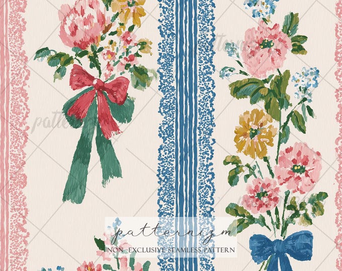 Coquette Floral Seamless Pattern – Vintage Ribbon Bow Stripe, Romantic Cottagecore Flower Bouquet Fabric Design
