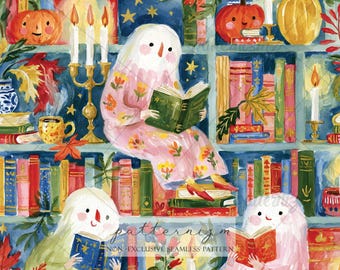 Seamless Halloween Ghost Pattern Digital Download – Spooky Library & Reading Ghost Design, Pumpkin Bookshelf Print, Whimsical Design Kids