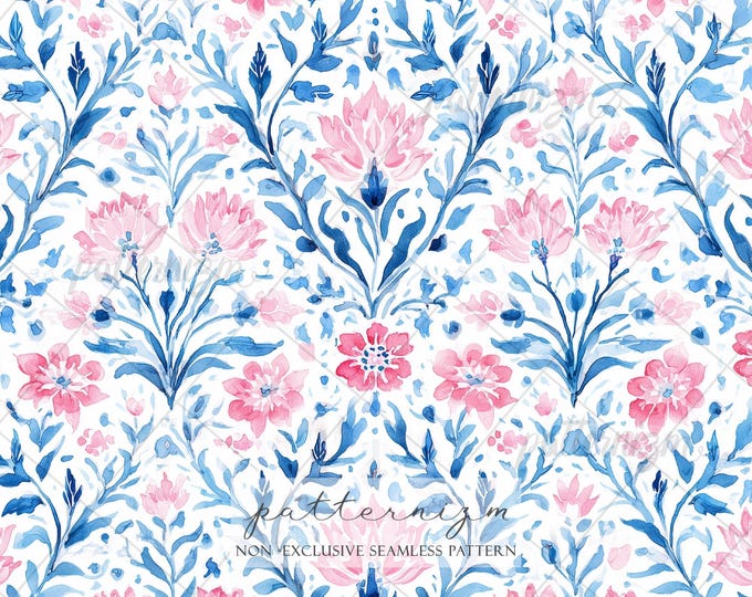 Blue Pink Floral Seamless Pattern Digital Download – Elegant Watercolor Botanical Design, Soft Cottagecore Print, Spring Fabric