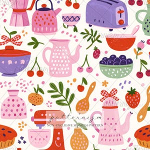 May include: A whimsical seamless pattern featuring kitchen items and food illustrations. The design includes a pink coffee maker, a purple toaster, bowls of berries, cherries, and a mixer. The color palette is soft, with pinks, oranges, and greens on a white background.