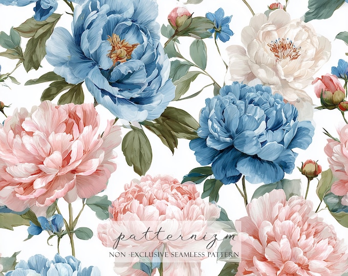 Vintage Peony Floral Seamless Pattern – Soft Pink & Blue Peonies, Elegant Botanical Watercolor, Digital Paper for Fabric Craft Design