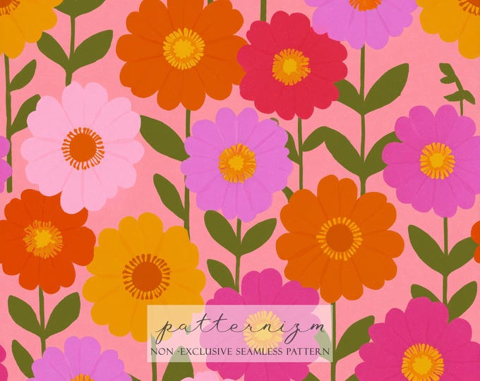 Pink Retro Floral Seamless Pattern Digital Paper – Bright Pink, Orange and Yellow Flowers on Pink for Scrapbooking & Fabric Crafts