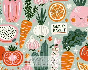 Cute Farmer Market Seamless Pattern Digital Download – Whimsical Veggie & Citrus Cottagecore Fabric Print