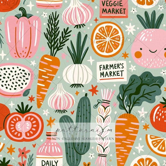 Cute Farmer Market Seamless Pattern Digital Download – Whimsical Veggie & Citrus Cottagecore Fabric Print