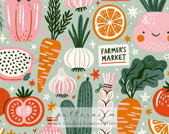 Cute Farmer Market Seamless Pattern Digital Download – Whimsical Veggie & Citrus Cottagecore Fabric Print