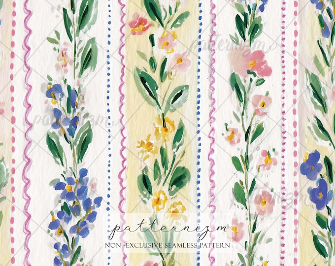 Delicate Floral Stripe Seamless Pattern, Vertical Garden Flowers, Vintage Cottagecore Botanical Design, Soft Pastel Fabric Print, Elegant
