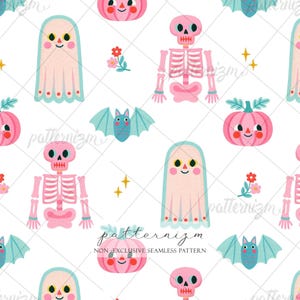 May include: A seamless pattern on a white background featuring repeating illustrations of pink skeletons, light pink ghosts with teal borders, pink pumpkins with teal stems, teal bats, and small red and pink flowers with yellow star accents.