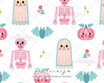 Seamless Pink Halloween Pattern Digital Download – Cute Ghost & Pumpkin Design, Pastel Spooky Skeleton Print, Girly Halloween Fabric