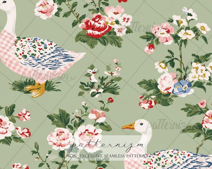 Seamless Floral Goose Pattern Digital Download – Vintage Cottagecore Duck & Rose Design, Spring Garden Print, Whimsical Fabric