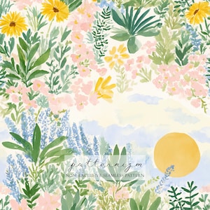 May include: Watercolor floral pattern featuring yellow sunflowers, pink and blue flowers, and green foliage. The design includes the text "patternizm" and "NON EXCLUSIVE SEAMLESS PATTERN". The artwork has a soft, painterly style.