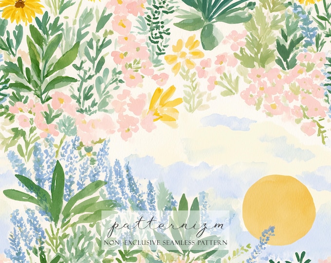 Bright Summer Scene Seamless Pattern Digital Paper – Colorful Village Illustration Repeat Design