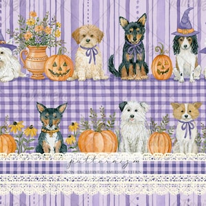 May include: A seamless pattern featuring watercolour illustrations of various dogs, jack-o'-lanterns, and floral arrangements set against a purple striped and checkered background with a white lace trim border and the text patternizm.