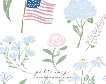 Patriotic Floral Seamless Pattern – USA Flag with Blue Pink Flowers, Americana Digital Paper for Fabric