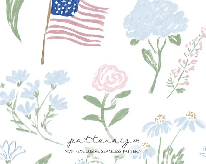 Patriotic Floral Seamless Pattern – USA Flag with Blue Pink Flowers, Americana Digital Paper for Fabric