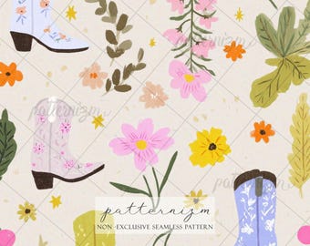 Cowgirl Boots Floral Seamless Pattern Digital Download – Western Flower Garden Fabric Design