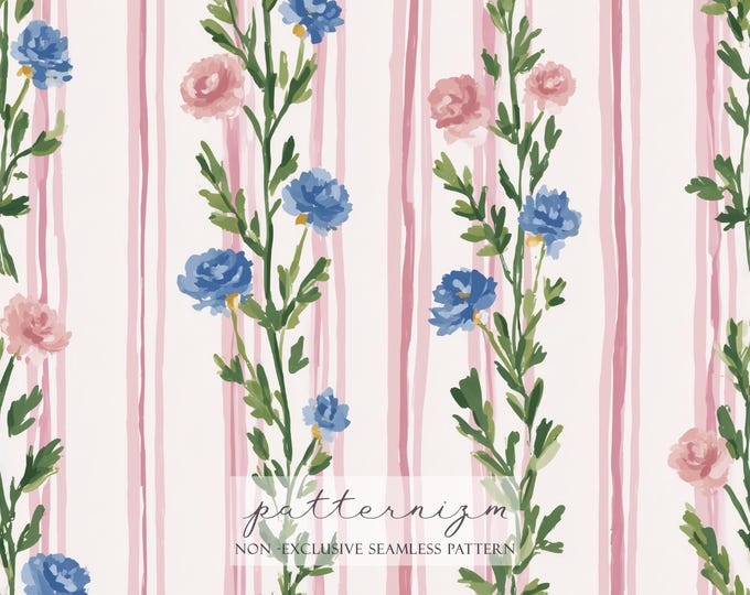 Grandmillennial Blue Pink Vertical Floral Stripe Pattern – Watercolor Wildflower Seamless Design for Fabric, Wallpaper, Digital Crafting