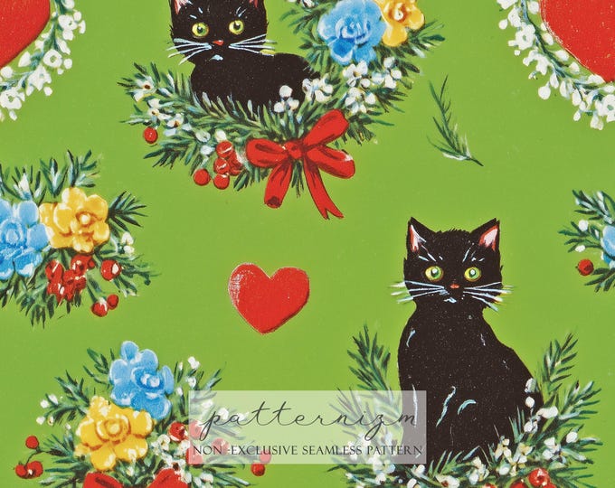 Black Cat Christmas Seamless Pattern – Festive Wreaths, Hearts and Cute Kittens on Green, Holiday Digital Paper for Crafts