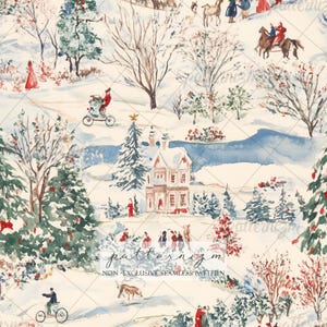 Puede incluir: Ilustración en acuarela de una escena invernal con árboles cubiertos de nieve, casas y personas. El diseño presenta un patrón repetitivo de un paisaje nevado con figuras en bicicleta y a caballo. El texto "patternizm NON-EXCLUSIVE SEAMLESS PATTERN" es visible.