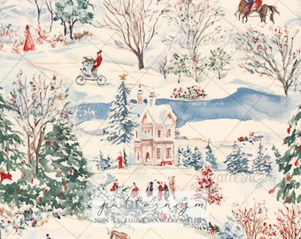 Seamless Winter Village Pattern Digital Download – Christmas Landscape Design, Holiday Printable, Festive Fabric & Decor