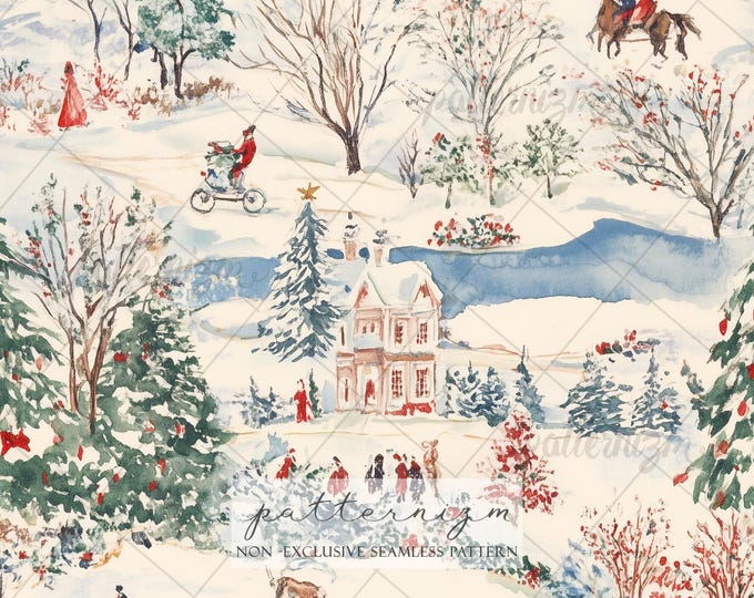 Seamless Winter Village Pattern Digital Download – Christmas Landscape Design, Holiday Printable, Festive Fabric & Decor