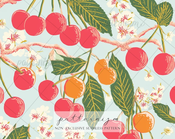 Vibrant Cherry Blossom Seamless Pattern – Modern Fruit Digital Download, Red & Blue Botanical Printable, Fresh Summer Fabric for Apparel