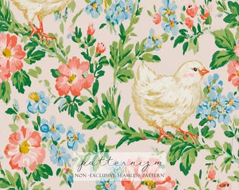 Baby Chick Garden Seamless Pattern – Yellow Chicks Among Pastel Flowers, Spring Nursery Digital Paper for Fabric and Crafts