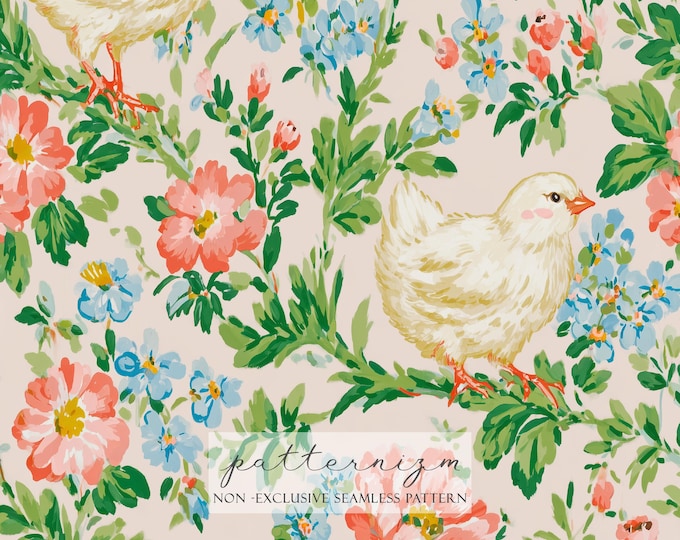 Baby Chick Garden Seamless Pattern – Yellow Chicks Among Pastel Flowers, Spring Nursery Digital Paper for Fabric and Crafts