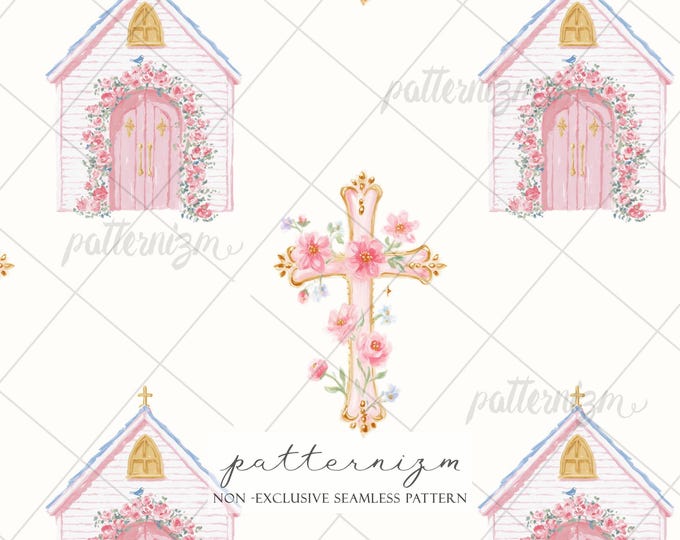 Coquette Church Seamless Pattern – Pink Chapel Floral Cross, Romantic Christian Cottagecore Fabric Design