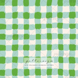 May include: Seamless pattern featuring a grid design with green and light blue brushstrokes on a cream background. The text "patternizm" and "NON-EXCLUSIVE SEAMLESS PATTERN" are at the bottom.
