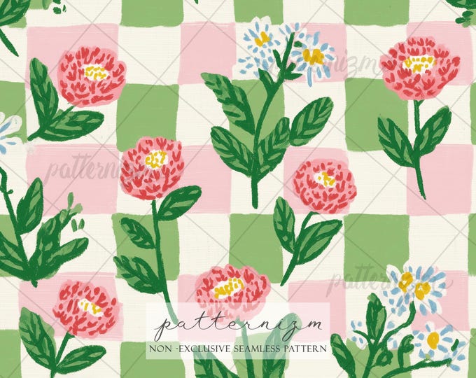 Seamless Gingham Floral Pattern Digital Download – Cottagecore Checkered Background, Painted Wildflowers, Cute Rustic Printable