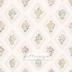 May include: Seamless pattern featuring diamond shapes with floral bouquets in shades of red, yellow, and blue. Each diamond is outlined with a dotted border and a pastel pink or green border. The text "patternizm" and "NON - EXCLUSIVE SEAMLESS PATTERN" are at the bottom.