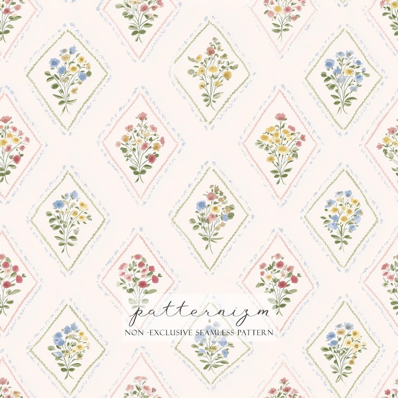 May include: Seamless pattern featuring diamond shapes with floral bouquets in shades of red, yellow, and blue. Each diamond is outlined with a dotted border and a pastel pink or green border. The text "patternizm" and "NON - EXCLUSIVE SEAMLESS PATTERN" are at the bottom.