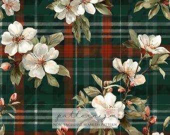 Seamless Magnolia Plaid Pattern Digital Download – Green Tartan Floral Repeat Design, Grandmillennial Printable Fabric