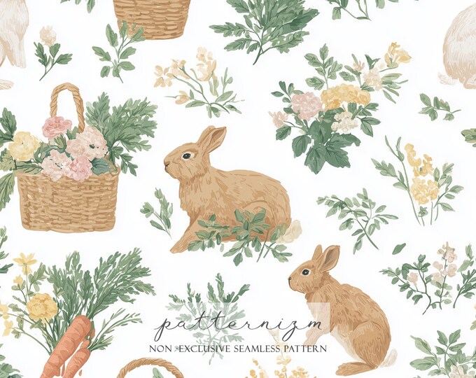 Seamless Bunny Garden Pattern Digital Download – Cute Rabbits with Flowers & Baskets, Spring Cottage Fabric, Whimsical Nursery Art