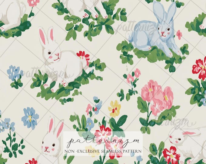 Seamless Bunny Garden Pattern Digital Download – Cute Easter Rabbits with Spring Flowers, Cottagecore Fabric Print for Nursery Decor