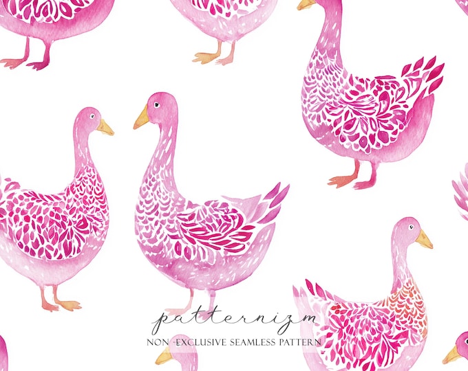 Pink Goose Seamless Pattern – Watercolor Folk Style Ducks, Cute Farm Animal Repeat Design for Nursery & Fabric