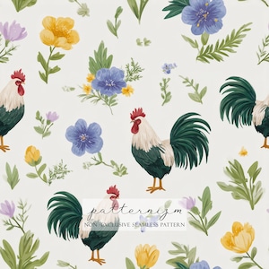 Pode incluir: Padrão sem costura com galos, flores e folhagens em estilo aquarela. Os galos têm cristas vermelhas, pescoços brancos e corpos verdes e pretos. As flores são amarelas, azuis e roxas. O texto "patternizm" é visível.