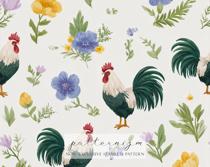 Rooster Floral Seamless Pattern – Repeat Farm Chicken with Pastel Wildflowers for Country Fabric, Wallpaper, Wrapping Paper