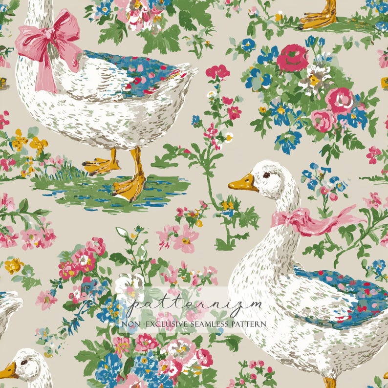 Vintage Goose Pattern – Cute White Goose With Pink Bow and Floral ...