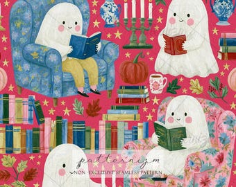 Seamless Halloween Ghost Pattern Digital Download - Cute Reading Ghost Armchair Design, Spooky Library Print, Whimsical Fabric Kids Crafts