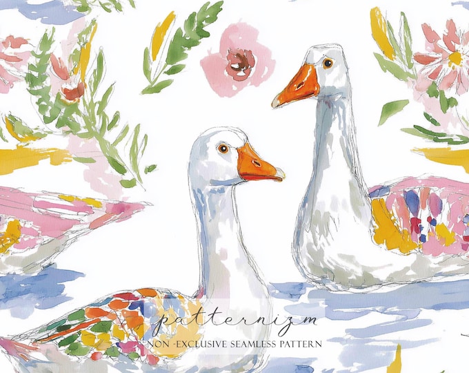 Watercolor Goose Seamless Pattern – Elegant White Geese Swimming on Lake, Soft Pastel Cottagecore Repeat Design for Nursery & Scrapbook
