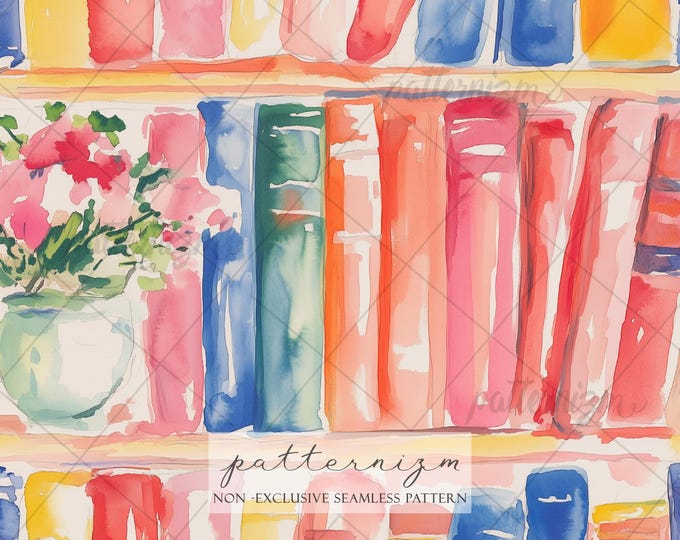 Seamless Watercolor Bookshelf Pattern Digital Download – Colorful Book Library Design, Cozy Reading Print for Fabric Decor