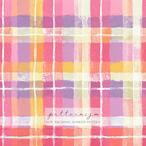 Puede incluir: Un patrón de cuadros abstracto y colorido en tonos rosa, morado, naranja y amarillo, con líneas de cuadrícula blancas. El texto "patternizm" y "NON-EXCLUSIVE SEAMLESS PATTERN" es visible en la parte inferior de la imagen.
