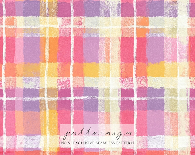 Pastel Plaid Seamless Pattern – Painted Soft Checkered Texture in Pink Yellow Tones, Digital Paper